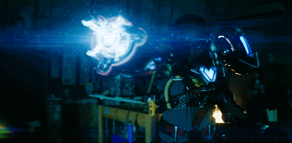 Young Black woman in homemade Ironman suit firing beam from her right hand.