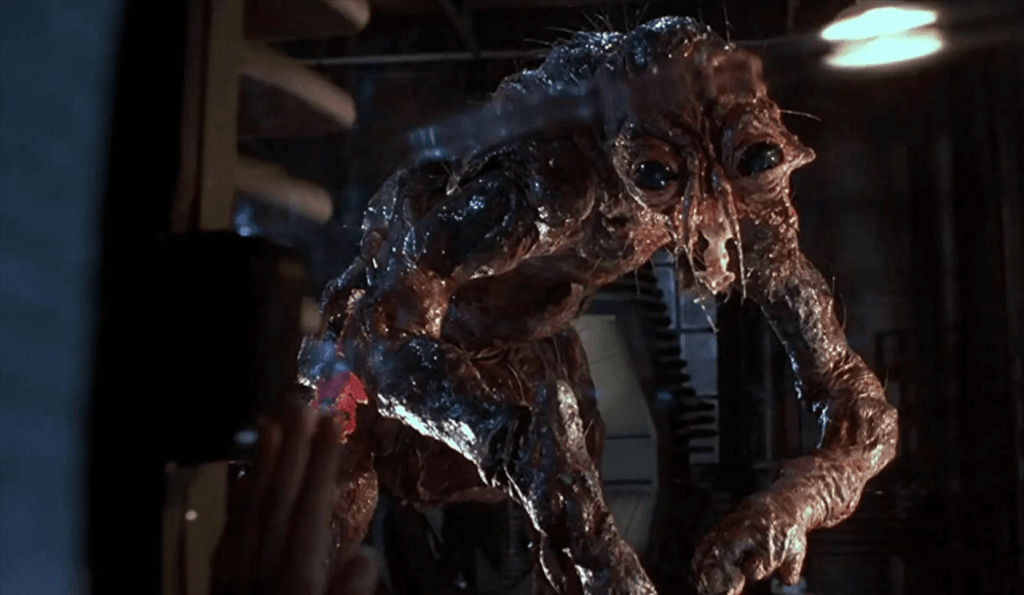 A mutant fly with black bulbous eyes, elongated claws, and exposed muscle tissue.