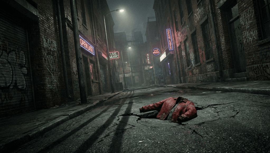A cinematic and eerie street scene at night featuring a dark, narrow alleyway where a red jacket is being swallowed by a jagged, gaping crack in the asphalt. The ground appears to be buckling unnaturally around the garment. Tall, oppressive brick buildings covered in graffiti line the street, illuminated by a single flickering streetlamp and the dim, sickly glow of neon signs reflecting in oily puddles. The atmosphere is heavy, claustrophobic, and supernatural.