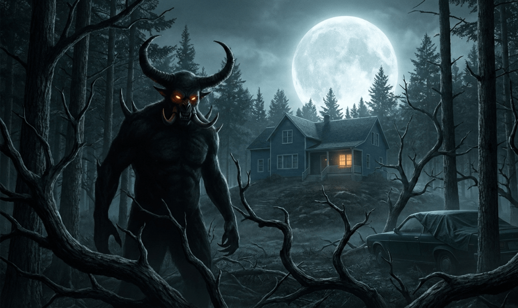 A dark, atmospheric horror image showing a towering, horned demon with glowing orange eyes standing in a forest clearing at night. Behind the creature is a blue house on a hill with a single light on. In the foreground are twisted tree branches and a dark green car covered with a tarp. A large full moon dominates the night sky.